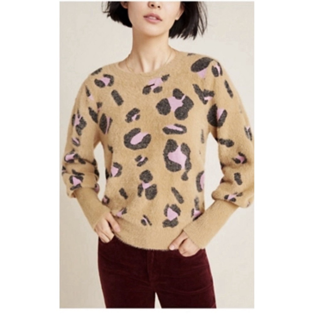 Anthropologie Dolan Nina Eyelash Fuzzy Tan Pink Animal Print Sweater XL 09